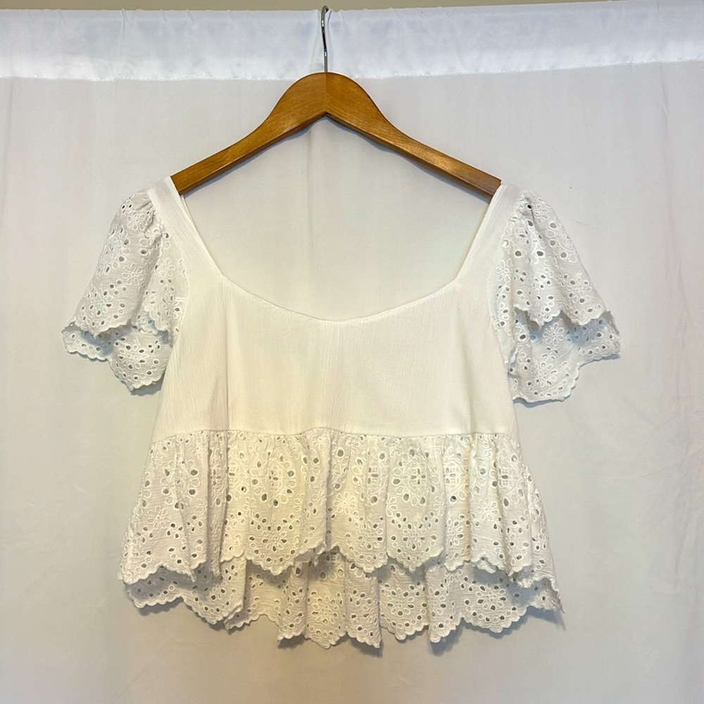 American Eagle Ruffle Sleeve Babydoll Top White Size Small - Picture 4 of 11